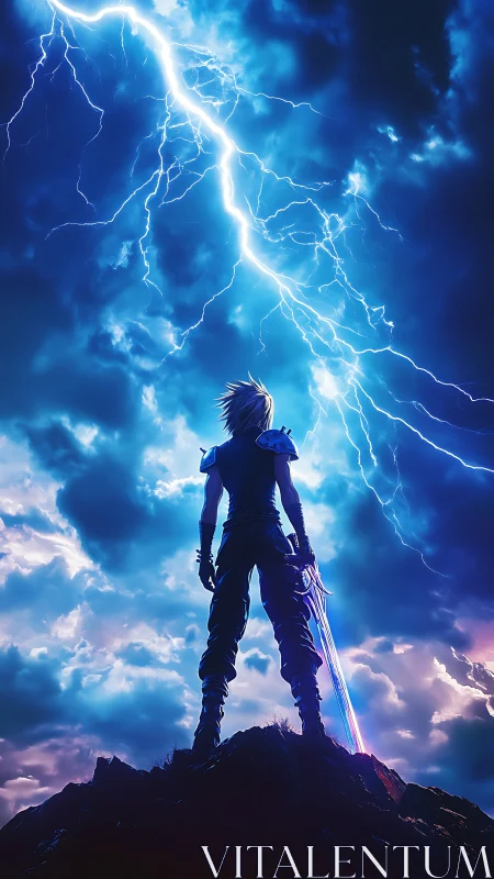 Stormlit warrior silhouette under electric blue sky.