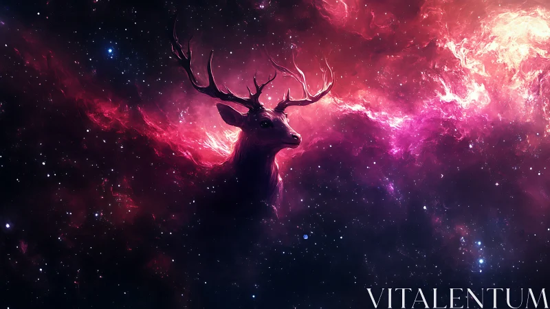 Cosmic stag silhouette emerging from vivid pink nebula.