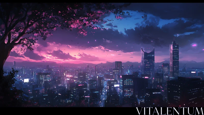 Twilight cyberpunk skyline under cherry blossom vantage point
