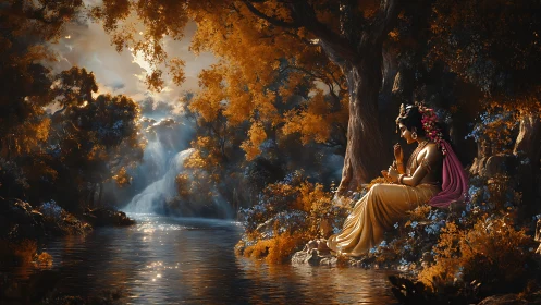 Mythic river goddess in luminous autumn forest tableau.