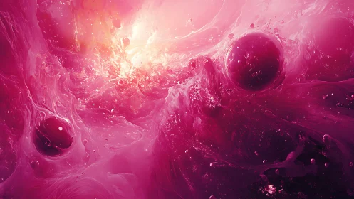 Crimson cosmic spheres drift through luminous liquid nebula