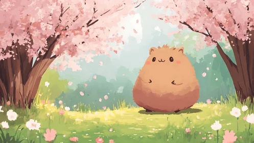Soft round creature enjoys a gentle stroll under cherry trees