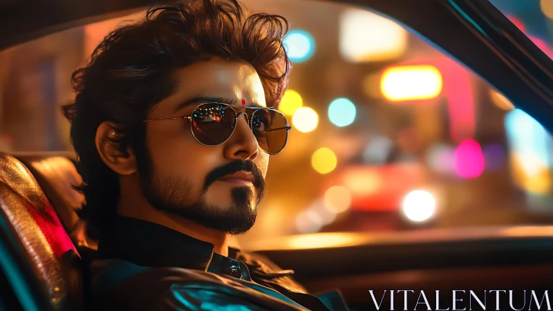 Stylized driver in neon city car interior, shallow focus portrait