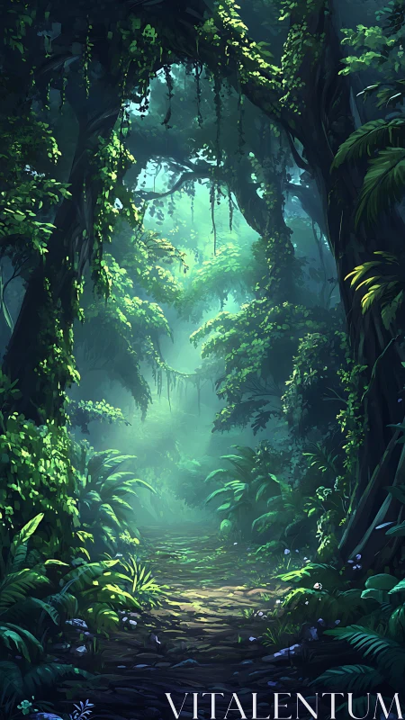 Mystical Forest Cavern with Luminous Vegetation and Misty Atmosphere.