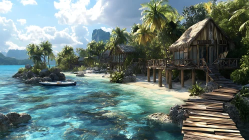 Tropical lagoon settlement with thatched structures and wooden dock