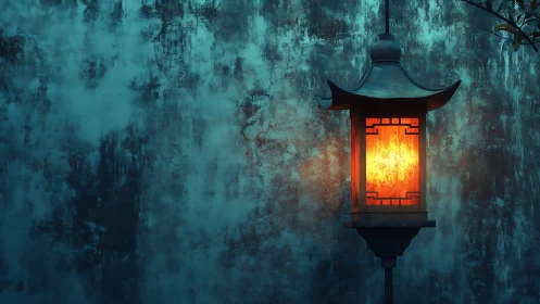 Soft lantern glow against a weathered teal courtyard wall.