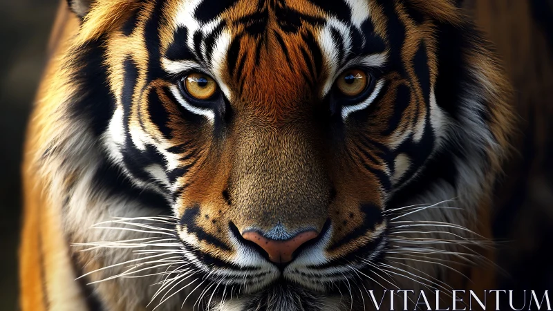 Symmetric macro portrait of tiger facial pattern topology.