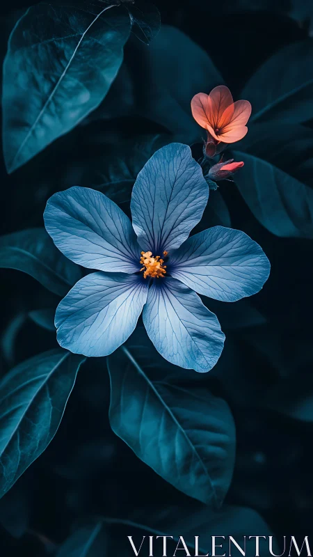 Blue Flower with Golden Stamens Against Dark Foliage Background
