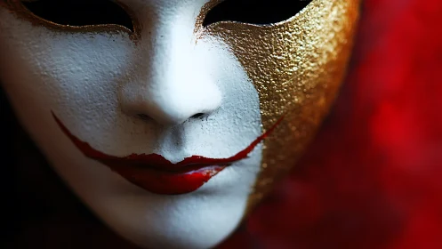 Gold-split theatrical mask reveals stylized red smile