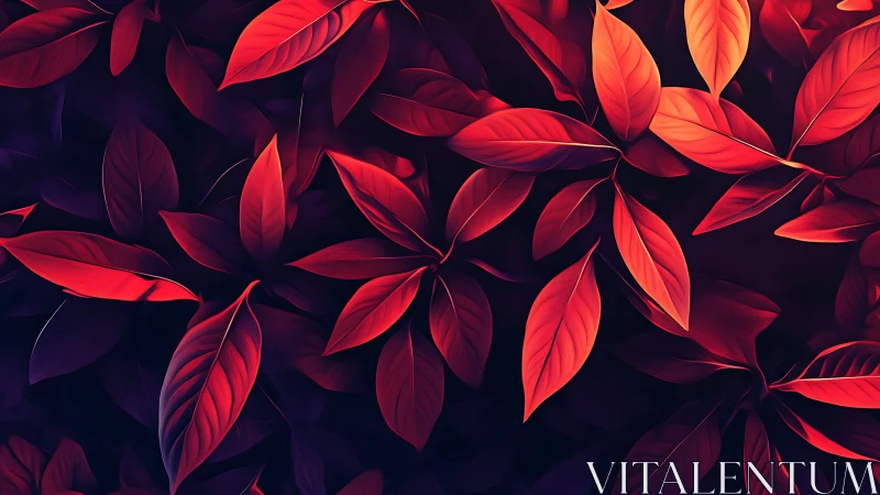 Crimson tropical leaves glow against deep violet shadows