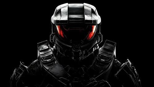 Armored sci fi soldier with glowing red visor in darkness.