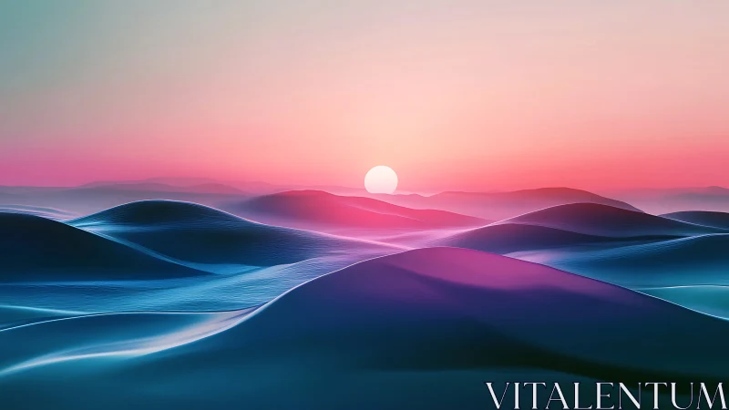 Digital painting of luminous dunes under pastel horizon.