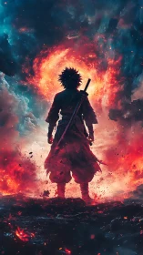 Swordsman stands before blazing cosmic vortex in ruinous sky