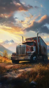 Rusting semi truck on rural dirt track in mountain valley.