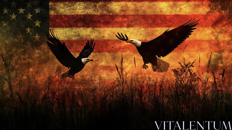 Two silhouetted eagles fly before a weathered US flag