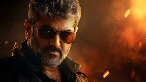 Bearded man in sunglasses against fiery orange background.