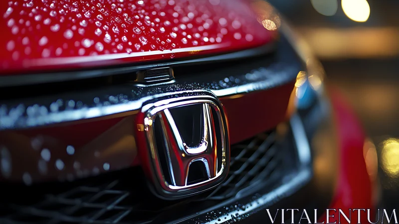 Honda car grille emblem reflects wet night city lights