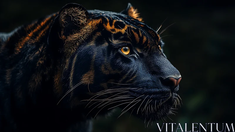 Golden-eyed tiger gazes ahead with calm night focus