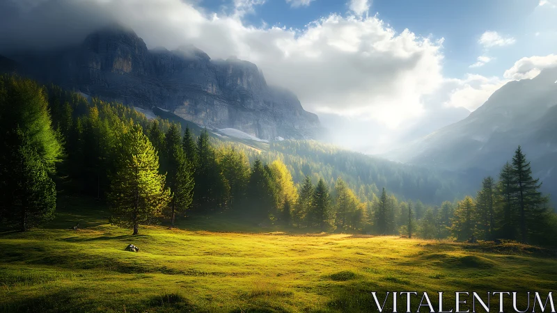 Golden mountain meadow soaked in soft morning light.