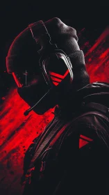 Tactical gamer silhouette with red headset accents profile.