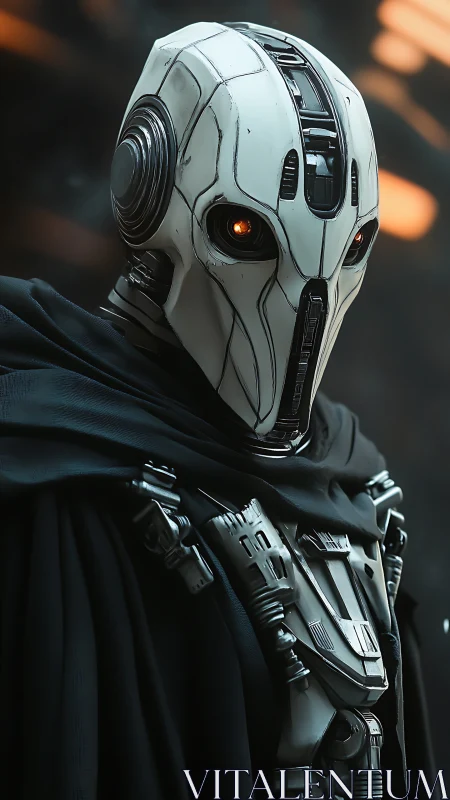 Cybernetic cloaked android rendered with cinematic realism