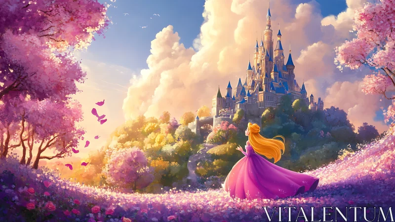 Backlit princess surveys luminous hilltop castle in floral valley