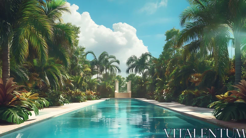 Symmetrical tropical pool garden under luminous midday sky.
