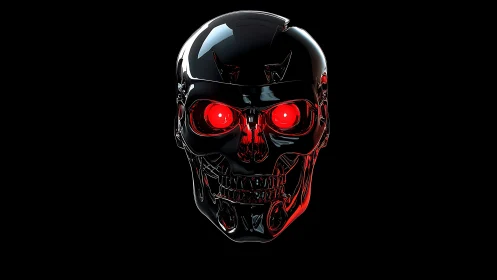 Chrome skull sentinel with burning red machine eyes poised.