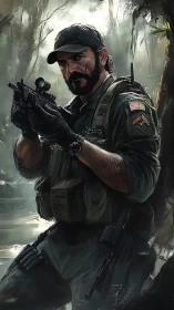 Digital painting of tactical soldier in misty jungle environment.