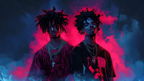 Two neon-lit rappers stand against vibrant electric smoke