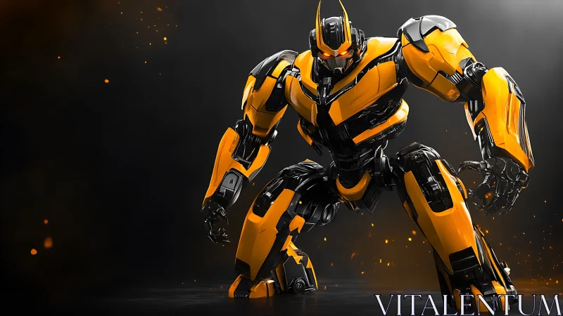 Yellow and black combat robot in dynamic crouched pose.