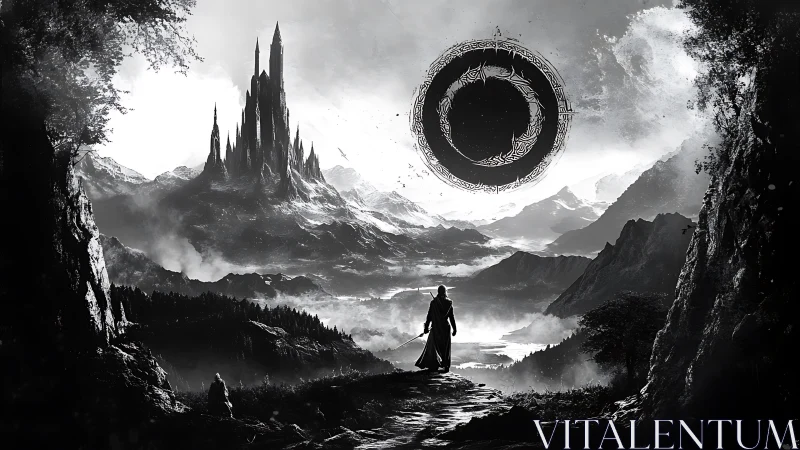 Lone mage confronts looming citadel beneath a dark celestial sigil