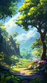 Sunlit mountain valley path framed by lush forest trees.