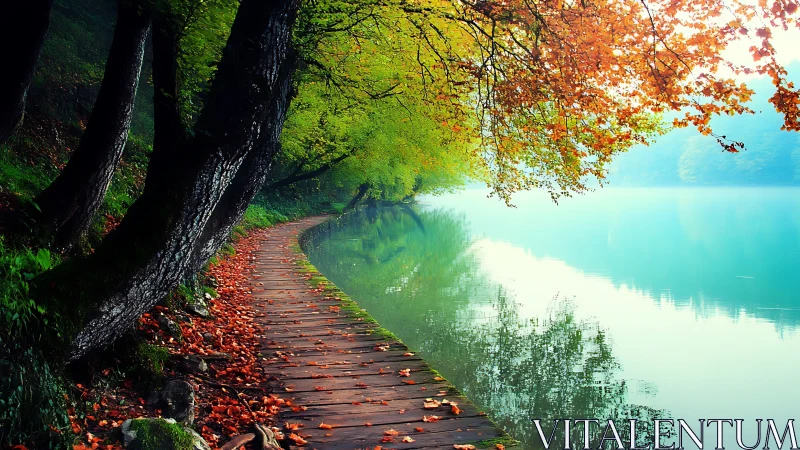 Lakeside woodland path with autumn foliage and misty reflections.