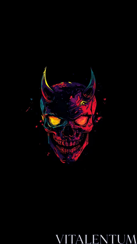 Neon-lit demonic skull portrait with dual horns on black field