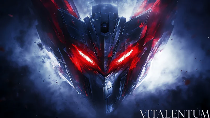 Angular robotic face with red highlights in dense mist.