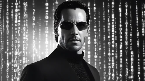 Stoic cyber agent amid cascading monochrome code matrix.