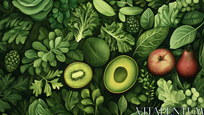 Green fruits and leafy vegetables in dense flat arrangement.