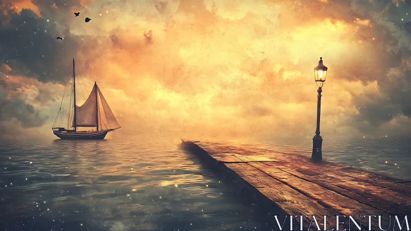 Sailboat near wooden pier under glowing cloudy sky.