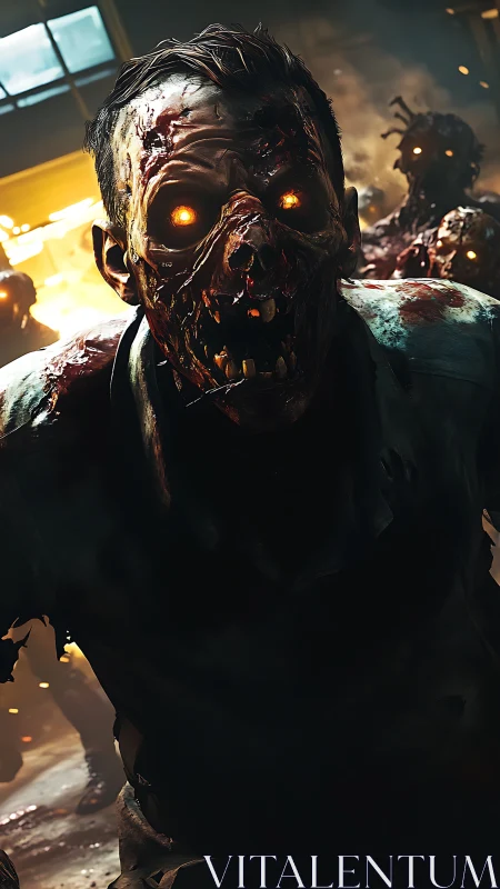 Glowing-eyed zombie lunges forward inside burning facility