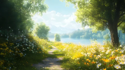 Sunlit lakeside path winding through wildflower meadow.