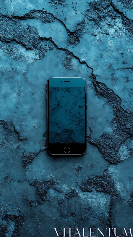 Smartphone centered on textured cyan stone background surface