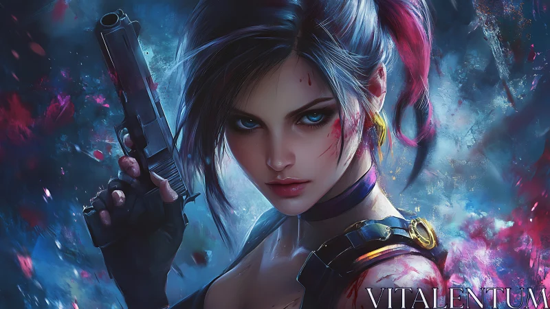 Digital portrait shows armed woman with stylized lighting