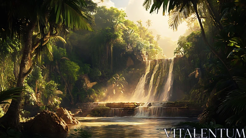 Sunlit jungle waterfall amid dense tropical foliage.
