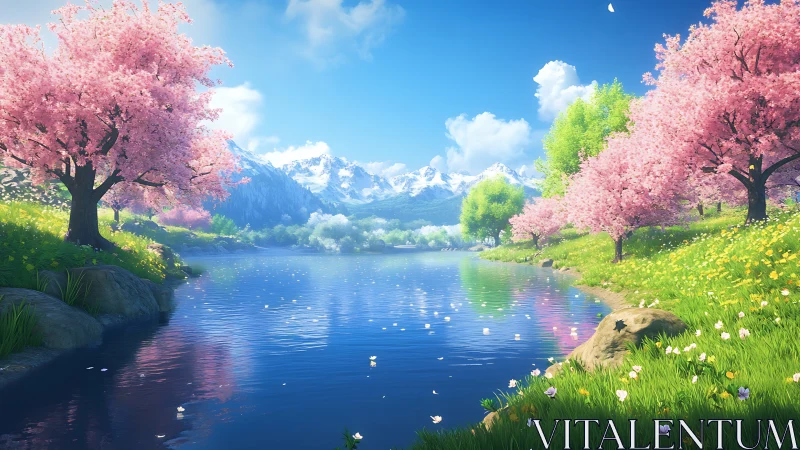 Spring alpine lake with cherry blossoms and high dynamic range lighting