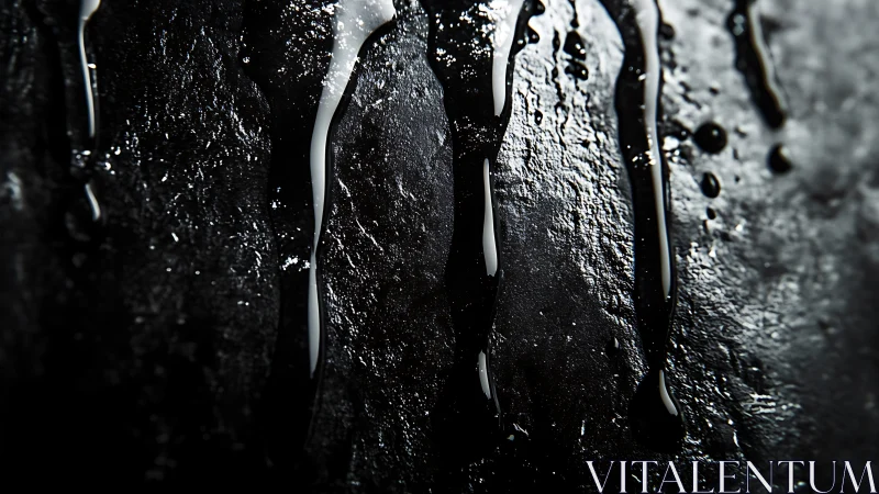 Glossy black liquid streams over textured stone surface