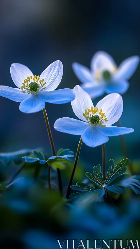 Moonlit woodland anemones whisper in soft blue glow.