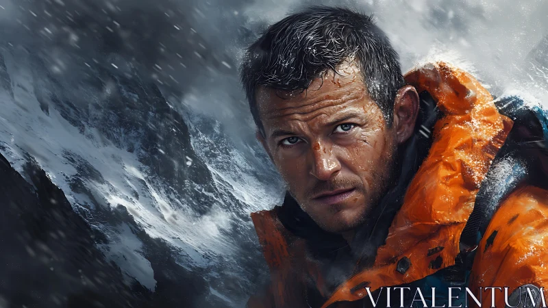 Storm-lashed alpine climber in orange hardshell amid blizzard