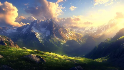 Sun-drenched alpine giants over a whispering emerald valley.
