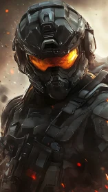 Armored exosuit soldier with molten visor in combat haze